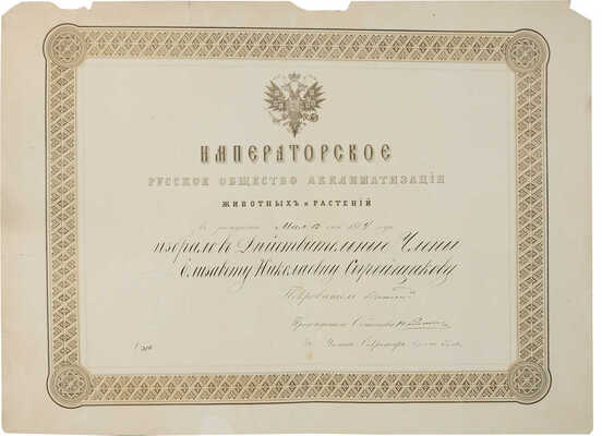 Диплом Императорского Русского общества акклиматизации животных и растений. 1864.